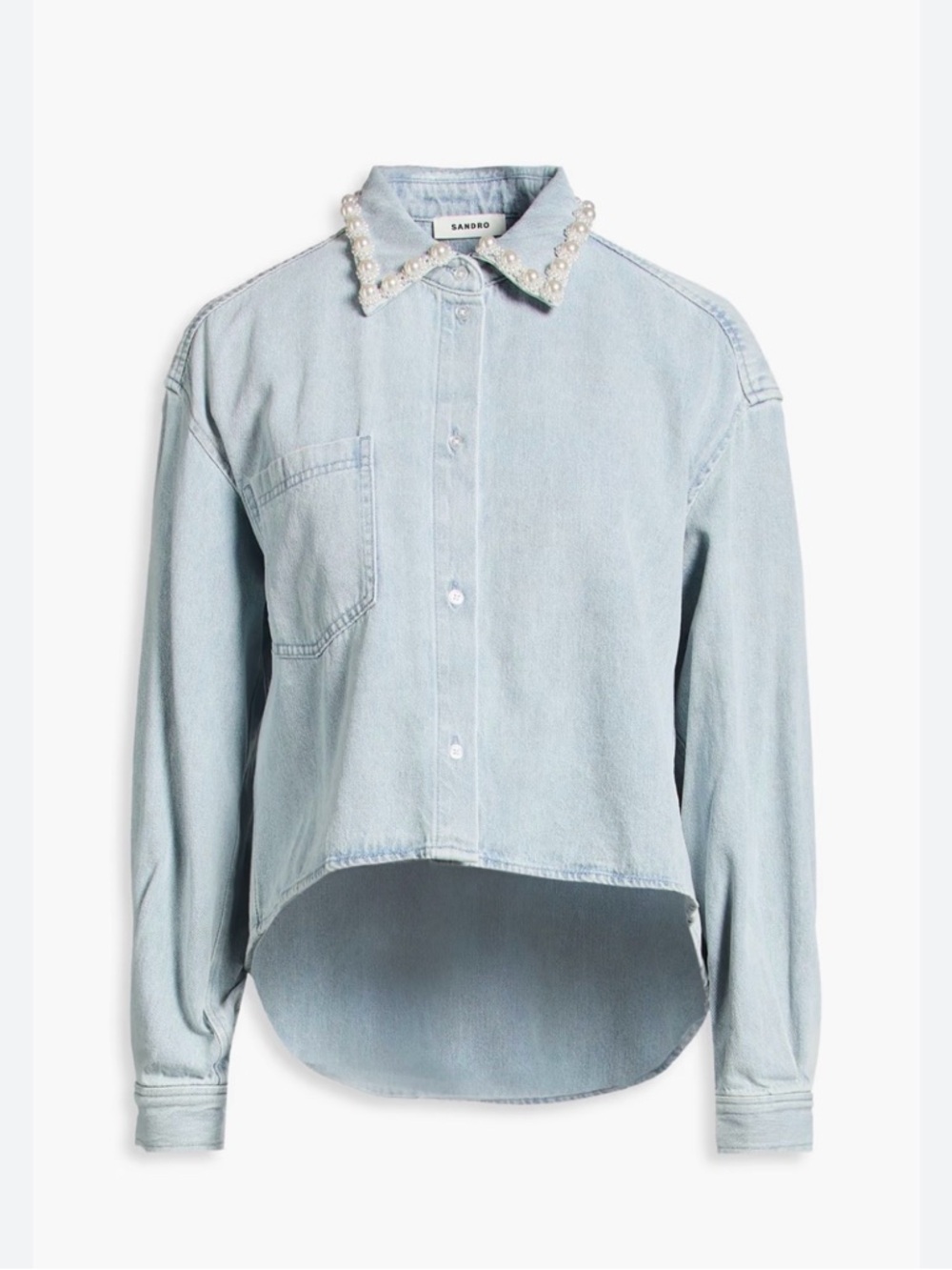 Sandro Light Blue cropped denim shirt with pearl collar details - Picture 4 of 6